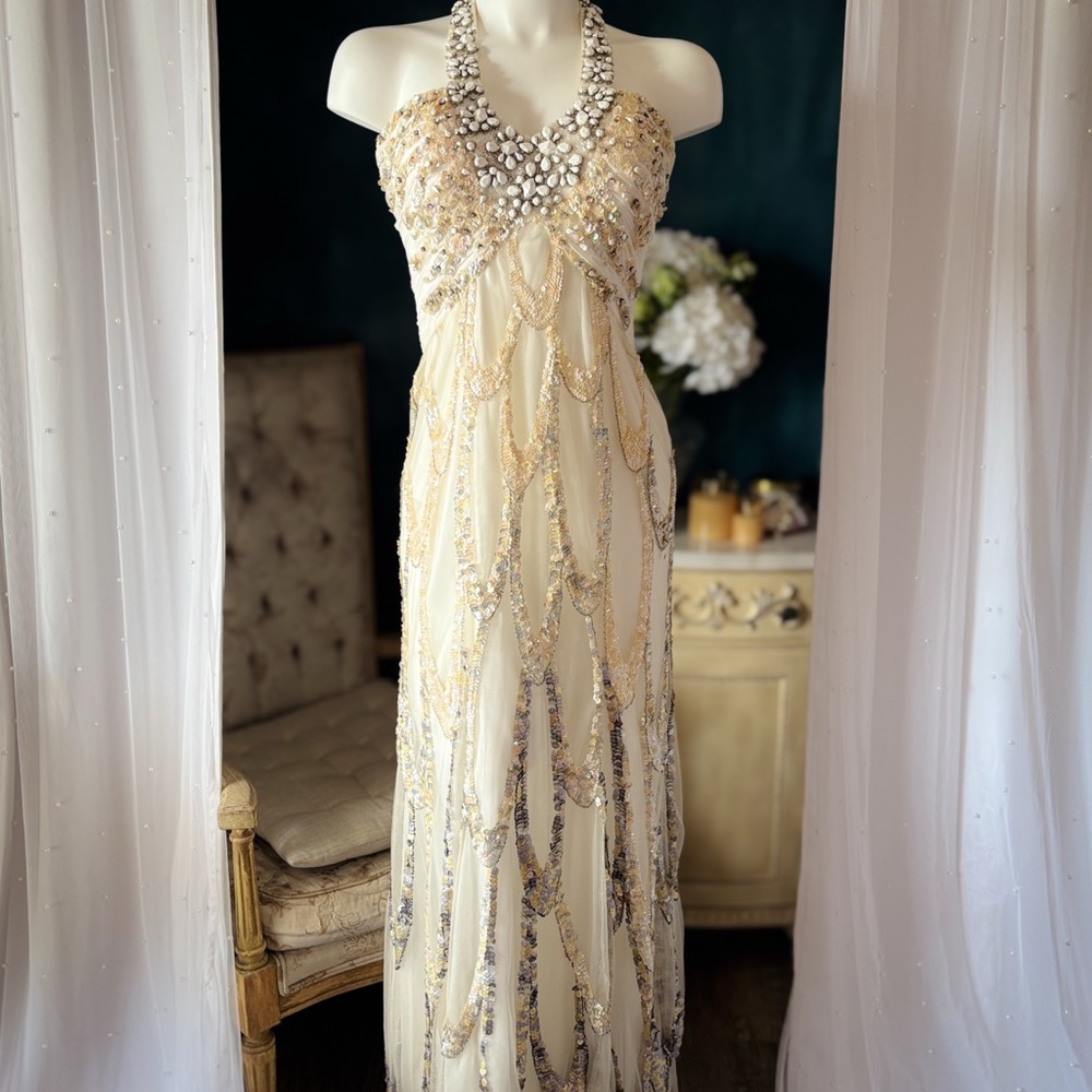 Vintage Jovani Embellished Ivory Halter Evening Dress Formal Gown